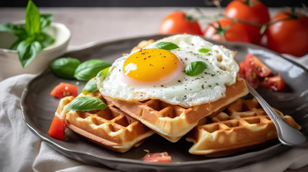Belgian waffles with fried egg, cherry tomatoes and fresh basil leavesの素材