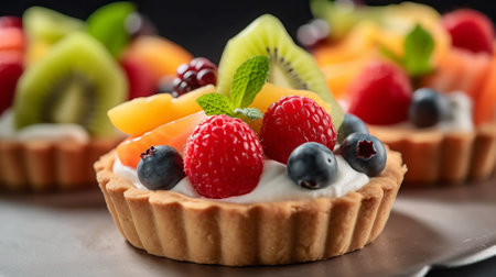 Tasty tartlets with berries and cream on table, closeupの素材
