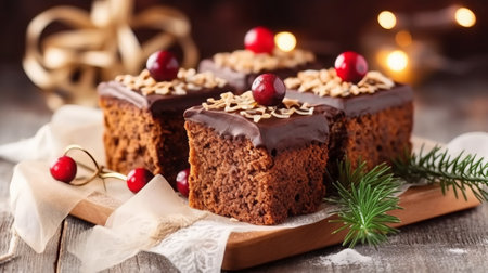 Chocolate cake with cranberries and nuts on a wooden background.の素材