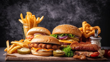 Big tasty cheeseburger and french fries on wooden board over dark backgroundの素材