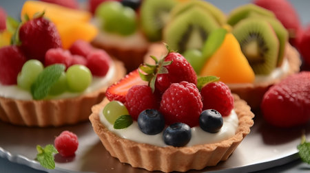 Delicious tartlets with fresh berries and mint on plate, closeupの素材