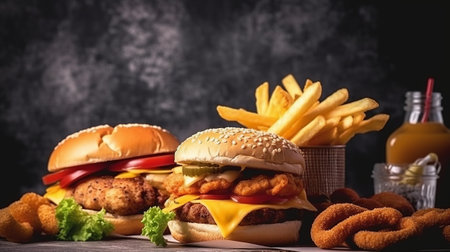 Hamburger, french fries, onion rings and orange juice on dark backgroundの素材