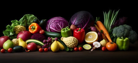Composition with variety of raw organic vegetables and fruits. Balanced dietの素材