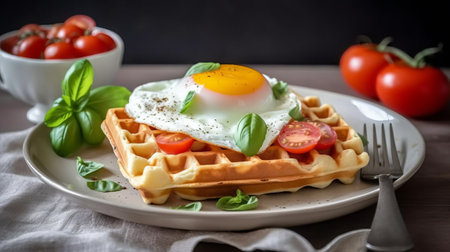 Homemade waffles with egg, tomatoes and basil on a wooden backgroundの素材