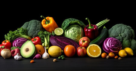 Composition with variety of fresh organic vegetables on black background. Balanced diet.の素材