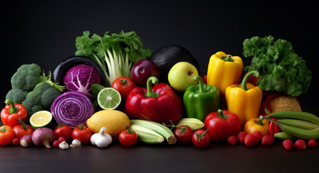 Fresh vegetables and fruits on black background. Healthy food concept. Selective focus.の素材