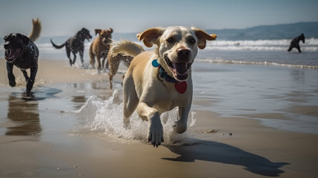Labrador retriever running on the beach with a group of dogsの素材