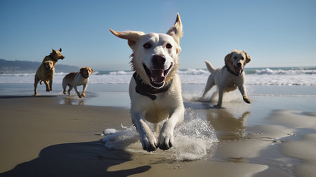 Golden Retriever running on the beach with a group of dogsの素材