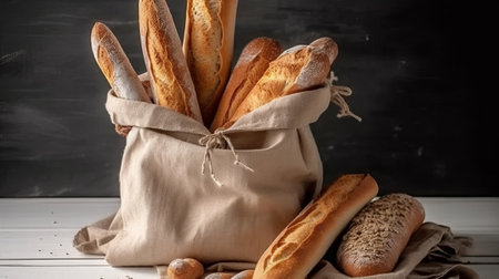 Baguettes in a bag on a blackboard background. French baguettesの素材