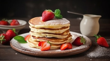 Stack of pancakes with strawberries and powdered sugar on a wooden background.の素材