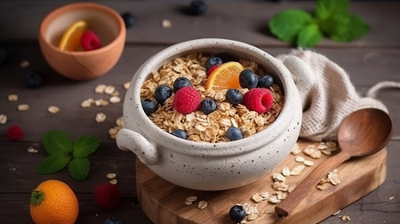 Healthy breakfast. Oatmeal with berries in ceramic bowl on wooden background.の素材