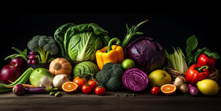 Fresh fruits and vegetables on a wooden table. Healthy food background.の素材