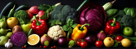 Composition with variety of raw organic vegetables on black background. Balanced dietの素材