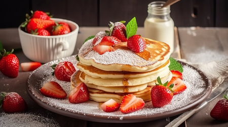 Stack of pancakes with strawberries and powdered sugar on a wooden background.の素材