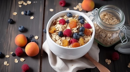 Healthy breakfast. Oatmeal with berries on dark wooden background.の素材