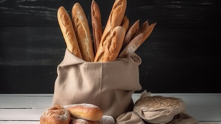 Different types of bread in a bag on a black wooden background.の素材