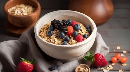 Healthy breakfast. Oatmeal with berries in a bowl on a wooden background.の素材
