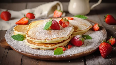 Pancakes with strawberries and powdered sugar on a wooden background.の素材
