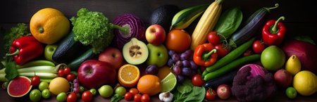 Composition with variety of fresh organic vegetables and fruits. Balanced dietの素材