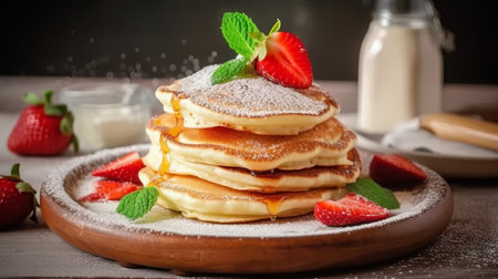 Pancakes with fresh strawberries and powdered sugar on a wooden backgroundの素材