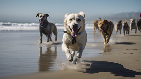 Group of dogs running on the beach in winter time. Selective focus.の素材