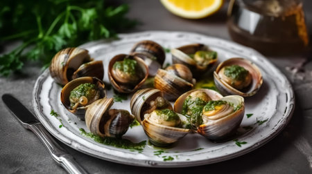 Baked snails with butter, garlic and parsley on a plateの素材