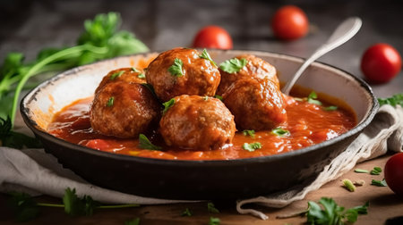 Meatballs in tomato sauce with parsley on a wooden background.の素材