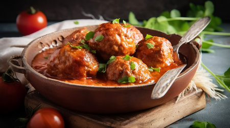 Meatballs in tomato sauce with fresh parsley on a dark backgroundの素材