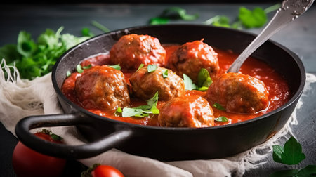 Meatballs in tomato sauce with parsley in a frying pan.の素材