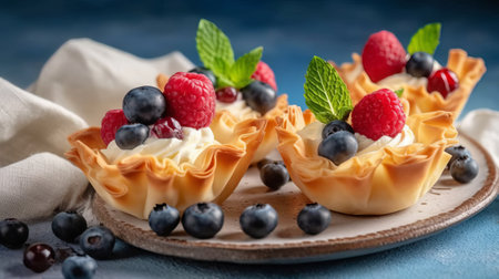 Tartlets with whipped cream and fresh berries on a blue backgroundの素材