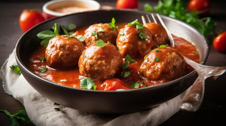 Meatballs in tomato sauce with parsley in a bowl on wooden tableの素材