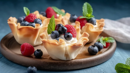 Delicious tartlets with fresh berries on wooden board, closeupの素材