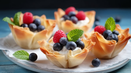 Tasty puff pastry cakes with berries on wooden table, closeupの素材