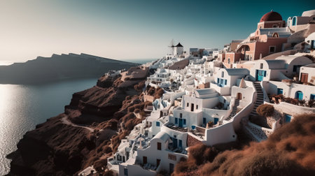 Santorini, Greece. Traditional white architecture on the slope of a hill. Panoramic image.の素材