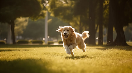 Golden Retriever running in the park at sunset, shallow depth of fieldの素材