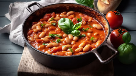 Baked beans with tomato sauce and basil in a pan on wooden backgroundの素材
