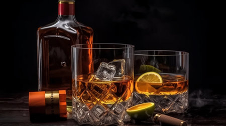 Whiskey with ice, lime and cigar on a black backgroundの素材
