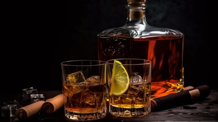 Whiskey on the rocks with ice and cigar on dark backgroundの素材