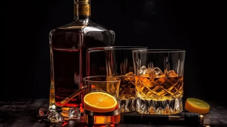 Glass of whiskey with ice cubes, orange slice and lighter on black backgroundの素材