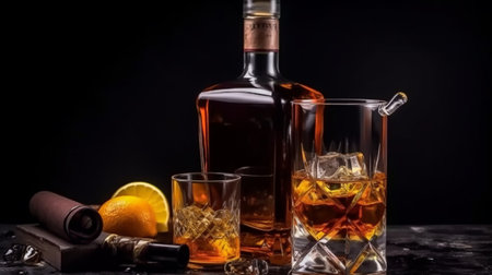 Cognac or brandy with ice cubes and lemon on black backgroundの素材