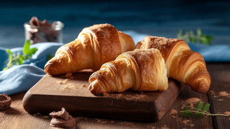Freshly baked croissants on wooden background. French breakfast.の素材