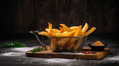 Golden French fries potatoes in a metal basket on a wooden background.の素材