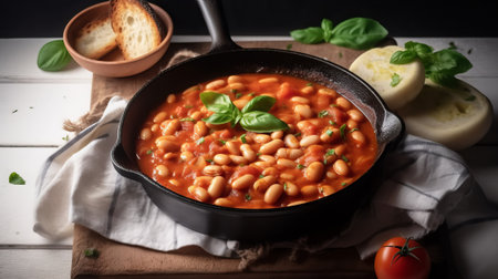 Baked beans in tomato sauce in a pan on a wooden tableの素材