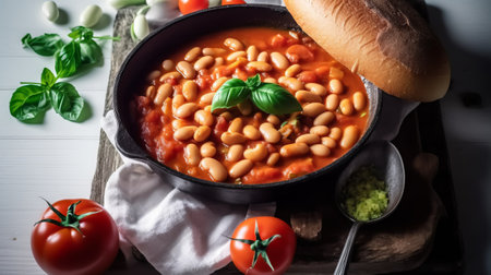 Baked beans in tomato sauce with bread and basil on a wooden tableの素材