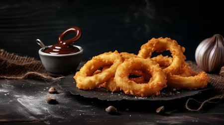 Deep fried onion rings with hot chocolate and garlic on a dark backgroundの素材