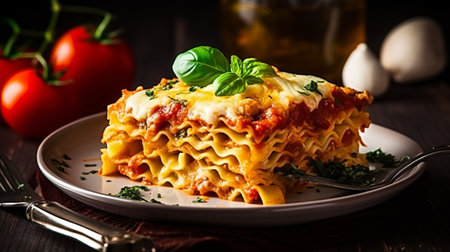 Baked lasagna with bolognese sauce on wooden backgroundの素材