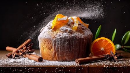 Christmas cake with orange, cinnamon and anise on a dark backgroundの素材