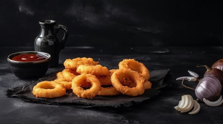 Fried onion rings on a black stone plate. Dark background.の素材