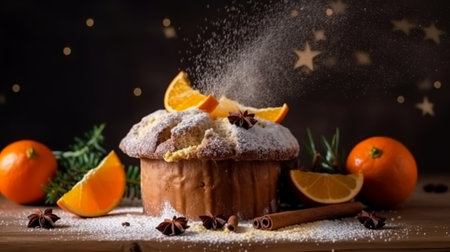 Christmas cake with icing sugar and tangerines on a wooden tableの素材