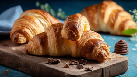 Freshly baked croissants with chocolate on a wooden board.の素材
